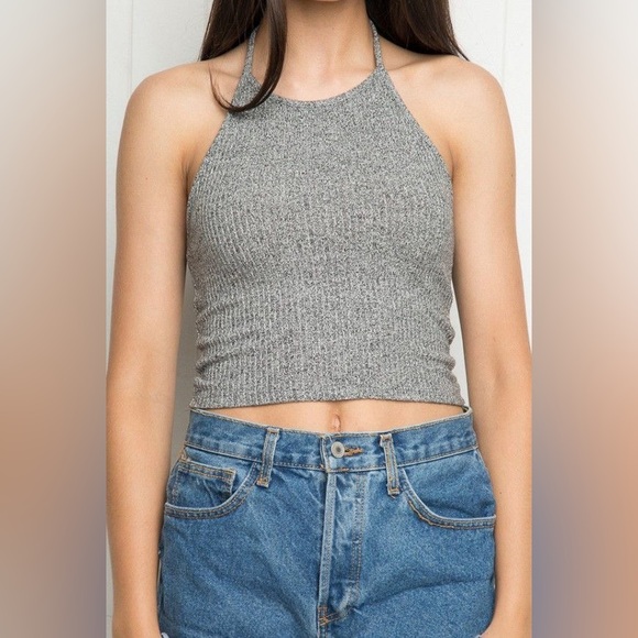 Brandy Melville Gray Ribbed Crop Halter Top - Picture 2 of 9